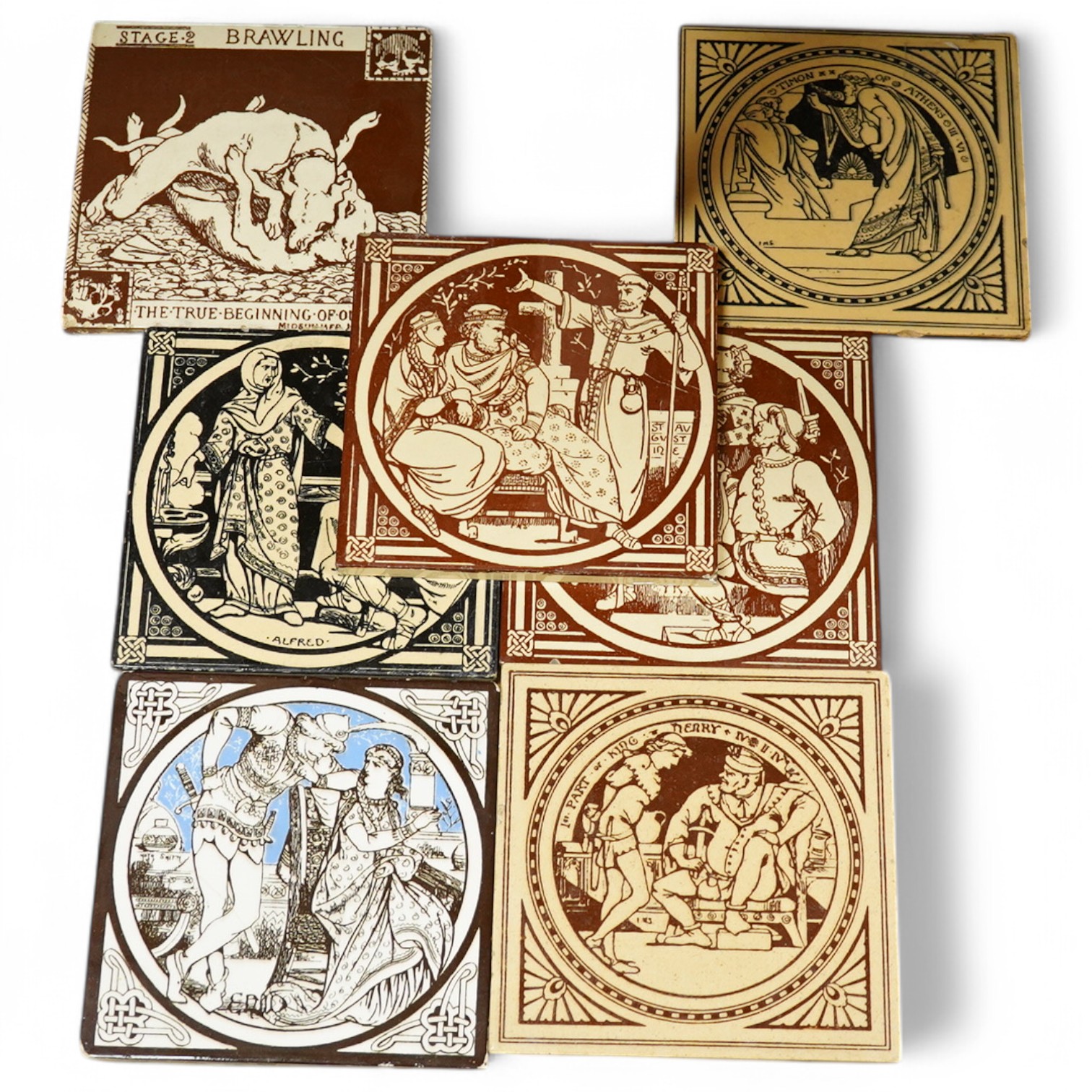 Seven Minton tiles to include ‘Stage 2 Brawling’ and ‘Edward the Martyr’, 15 x 15cm. Condition - fair/good